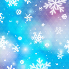 Fototapeta na wymiar Blue background with bokeh and blurred snowflakes, vector