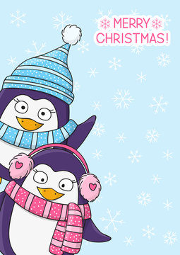 Christmas card with cartoon penguins 