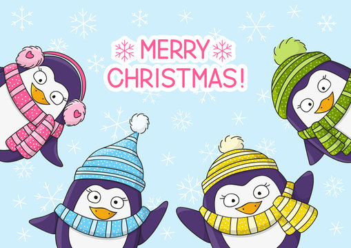 Christmas card with cartoon penguins 