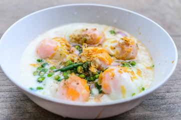 soft boiled egg in mineral water mix in sour & sweet chilli sauce,Thai food