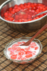 tub tim krob, red ruby, thai dessert made with water chestnuts in coconut milk.