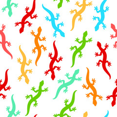 Colorful gecko lizards silhouettes seamless pattern on white, vector