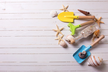 Tools for kids  for playing in sand and sea object on white  pai
