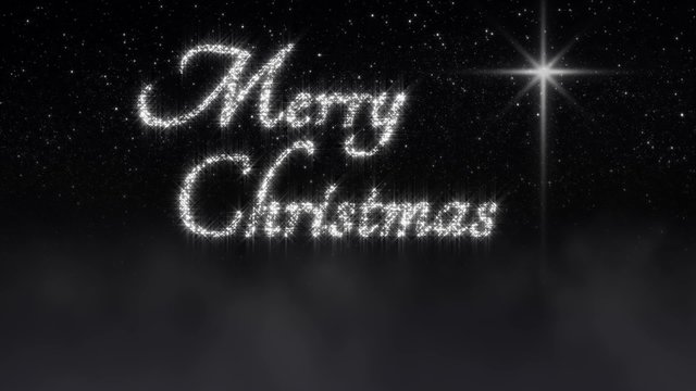 Loop with Christmas Star and sparkling Merry Christmas greeting. Night sky with clouds. Seamless