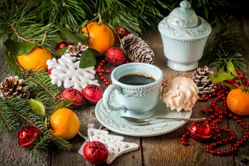 Christmas holiday background with coffee cup
