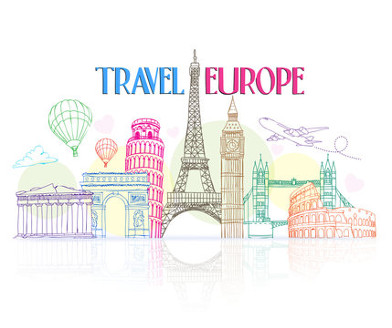 Colorful Travel Europe Hand Drawing with Famous Landmarks and Places in White Background with Reflection. Vector Illustration
