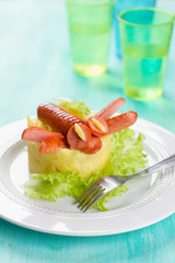 Sausage dragonfly with mashed potato