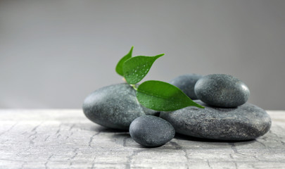 Pebbles with leaf on the table against grey background