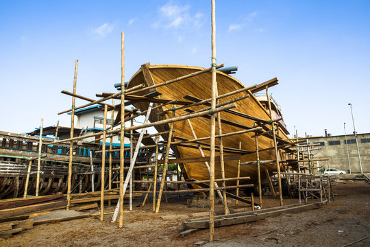 Wooden construction of yacht boat, craft shipyard