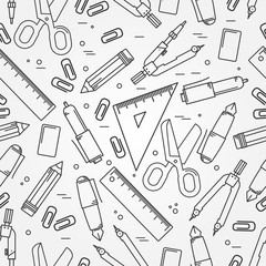 Seamless School Office Supplies Pattern. Thin line  icon for web