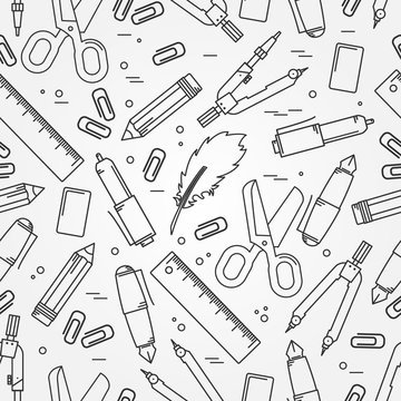 Seamless School Office Supplies Pattern. Thin line  icon for web