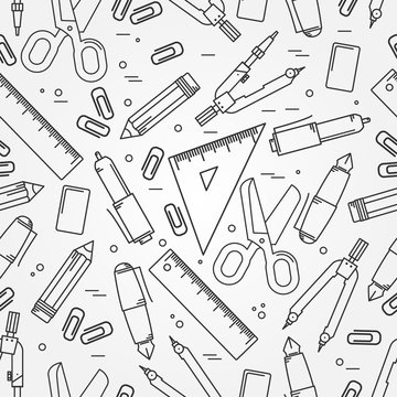 Seamless School Office Supplies Pattern. Thin line  icon for web