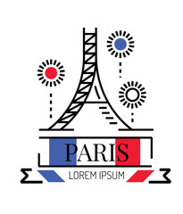 .Eiffel tower with fireworks. line flat logo and icon design.