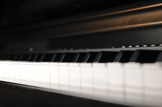 Piano keys. Musical instrument on stage.