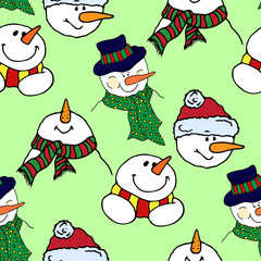 Christmas illustration. Colorful snowmen. New Year card. Seamless pattern.