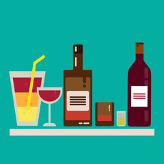 Alcohol drink barman icon flat set. Wine, spirit, cocktails, wine, whiskey, bar, bottle, glasses, liquor.