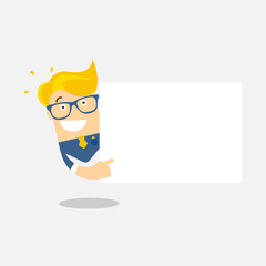 Man character with glasses show on blank paper, board presentation