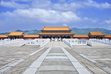 Fototapeta na wymiar Replica of Forbidden City with walkway and mountain ridge, Hengdian, China