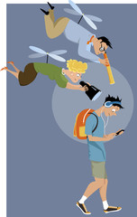 Helicopter parents hovering over their teenage son with a telescope and a binoculars, EPS 8 vector illustration