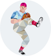 Baseball Pitcher Outfielder Throw Leg Up Low Polygon