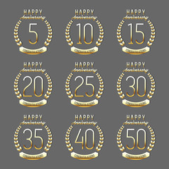Vector set of anniversary gold signs. 5,10, 15, 20, 25, 30, 35, 40, 50 years jubilee design elements. 5th, 10th, 15th, 20th, 25th, 30th, 35th, 40th anniversary golden logos template.