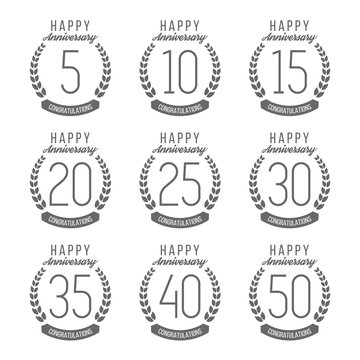 Vector set of anniversary signs, symbols. 5,10, 15, 20, 25, 30, 35, 40, 50 years jubilee design elements collection. 5th, 10th, 15th, 20th, 25th, 30th, 35th, 40th, 50th anniversary logos template.
