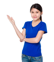 Woman with hand showing blank sign