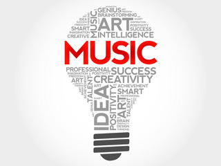Music bulb word cloud concept
