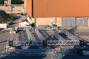 Ljubljana, Slovenia - June 18, 2015. Flow Festival Ljubljana,Tabacna, preparations for the festival, stage under construction.