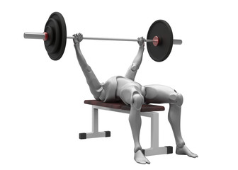 Naklejka na ściany i meble 3D fitness man push barbell on horizontal bench in the gym. Healthy bodybuilding hard workout. 3D Render on White Background.