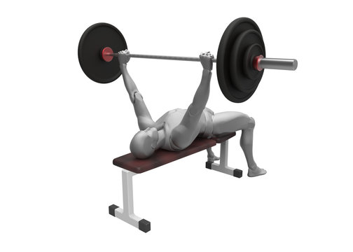 3D fitness man push barbell on horizontal bench in the gym. Healthy bodybuilding hard workout. 3D Render on White Background.