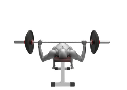 3D fitness man push barbell on horizontal bench in the gym. Healthy bodybuilding hard workout. 3D Render on White Background.