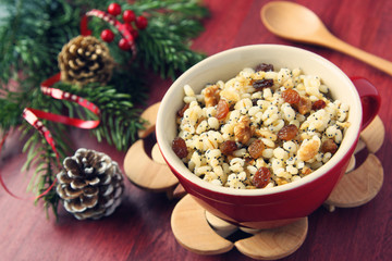 Pot with kutia. Traditional Christmas sweet meal