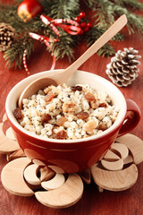 Pot with kutia. Traditional Christmas sweet meal