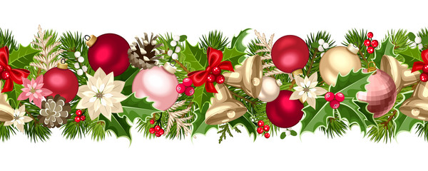 Vector Christmas horizontal seamless garland with green, red, pink and silver fir-tree branches, balls, bells, holly, poinsettia flowers and cones.