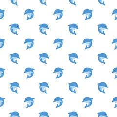 Vector seamless pattern with cute cartoon dolphins on white background