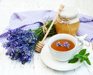 Cup of tea and lavender flowers