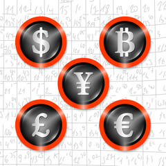 Set of five icons with symbols of currencies