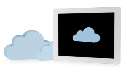 Tablet PC with clouds. Cloud computing concept