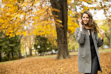 Woman with mobile phone in the autumn park