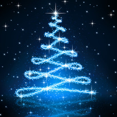 Christmas blue tree, beautiful snowflakes and shining stars