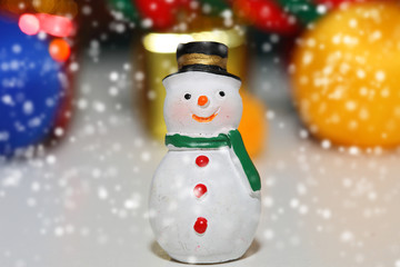 Christmas background, close up of snow man on snow and bokeh bac