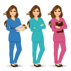 nurse posing in three different color scrubs uniform