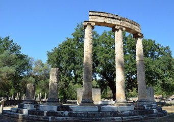 old ruins of antique column of building in Olympia