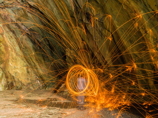 Wire wool spinning in Rydal Cave, Cumbria, UK