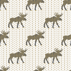 Naklejka premium Deer gold christmas vector seamless pattern with white knitted texture