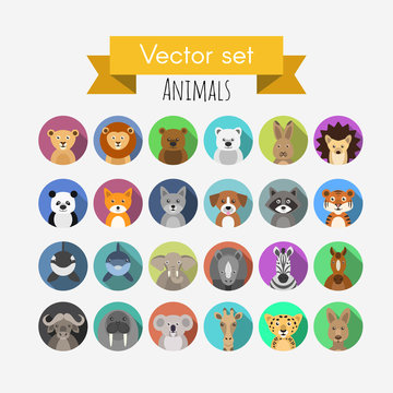 Set of flat style vector avatars of animals
