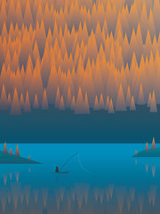 Fototapeta premium Autumn landscape vector background with foliage trees and a lake. Fisherman fishing from his boat