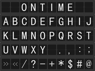 Set of alphabet, numbers and letters on airport style rotating mechanical timetable display. Raster Version.