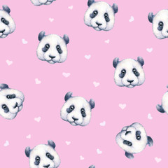 Pandas on light pink background. Seamless pattern. Watercolor drawing. Children's illustration. Handwork